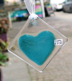 Fused Glass Heart Decoration - Bright Light Blue