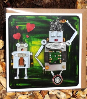 Recycled Robot In Love Greeting Card - Head Over Wheels