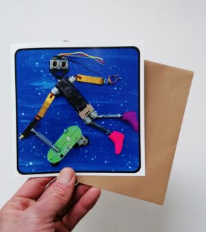 Square Recycled Robot Greeting Card - Flying High(Robot w/Scooter) 15cm x 15cm