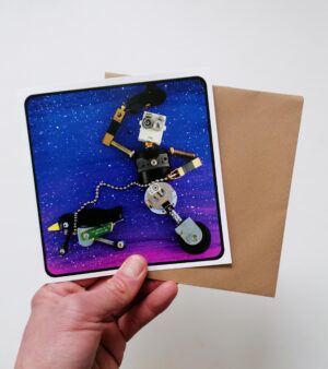 Square Recycled Robot Greeting Card - Space Walkies (15cm x 15cm)