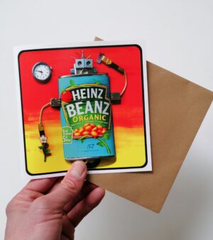 Square Recycled Robot Greeting Card - The Date (Baked Beans Robot) 15cm x 15cm