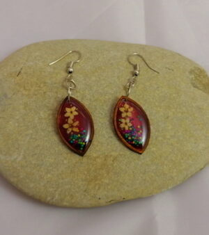 Handmade Elliptical Flower Earrings With Wooden Frame - Dark Pink