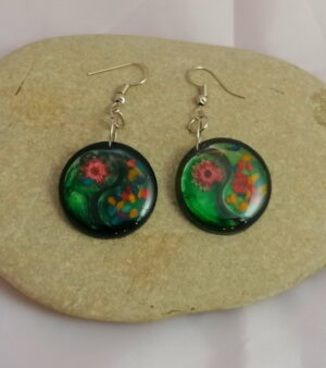 Handmade Pressed Flower Earrings With Black Frame - Green Ying Yang