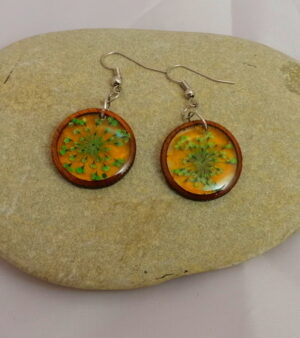 Handmade Pressed Flower Earrings With Wooden Frame - Yellow Background