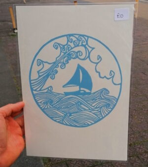 Original A4 Lino Print - Little Boat - Round Border