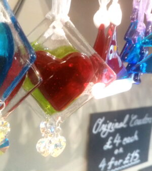 Fused Glass Heart Hanging Decoration with Swarovski Crystal - Green