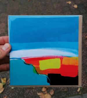 15cm x 15cm Original Greeting Card - Landscape - Red and Lime (Blue Background)