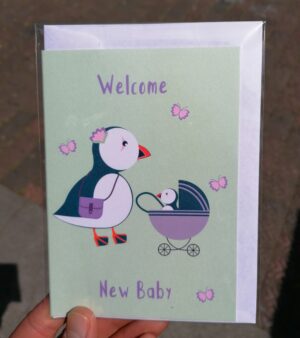 Original A6 Greeting Card - Welcome Baby (Puffins) - ABB007