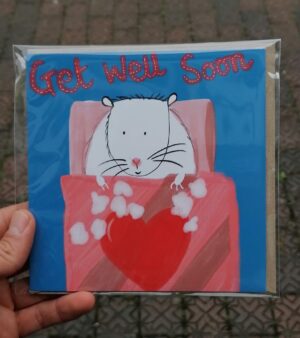 Square Greeting Card - Get Well Soon - White Rat in Bed