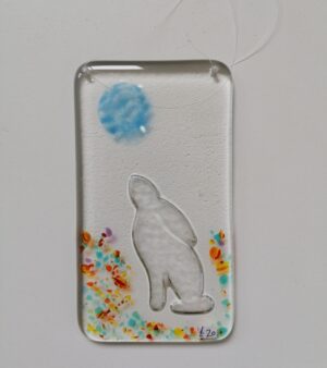 Fused Glass Decoration - Hare Gazing At Moon (Orange, Violet & Turquoise Flowers)