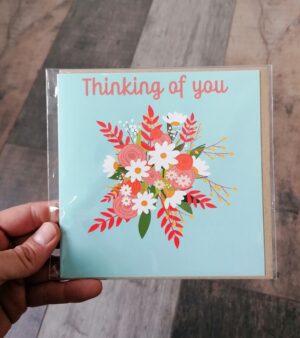 Square Greeting Card - Thinking of You (Turquoise w/ Flowers)