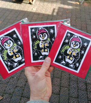 Handmade Square Lino Print Xmas Card - Penguin w/ Present