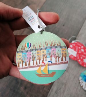 Original Wooden Christmas Ornament - Green Sky And Colourful Houses (ABB075)