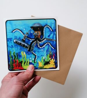 Square Recycled Robot Greeting Card - Octobot Attack! (Octopus Robot w/Submarine) 15cm x 15cm