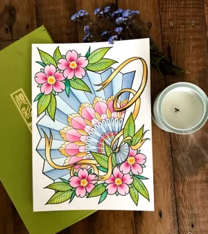 A5 Print - Cherry Blossoms And Fan