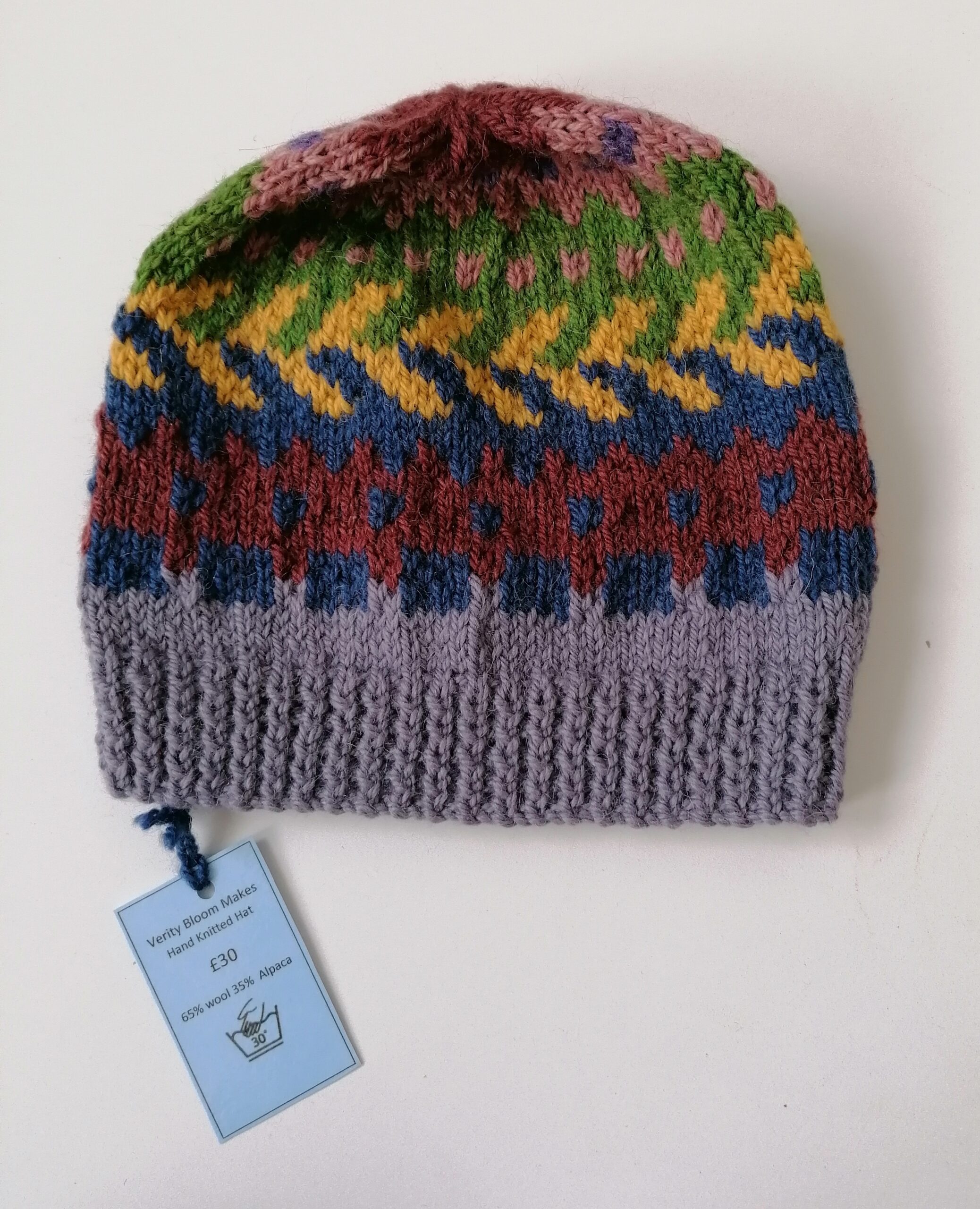 Hand Knitted 65% Wool And 35% Alpaca Hat - Purple, Brown, Yellow Colours