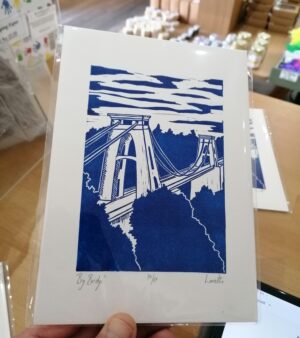Original A5 Lino Print - "Big Bridge" Clifton Suspension Bridge (Cobalt Blue)