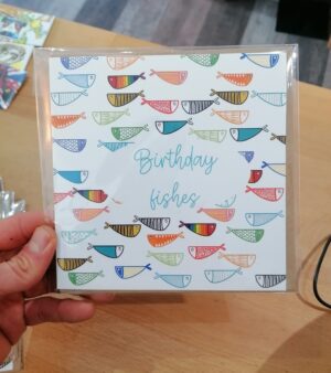 Square Greeting Card - Birthday Fishes (Colourful Fishes w/ Thin Blue Writing)