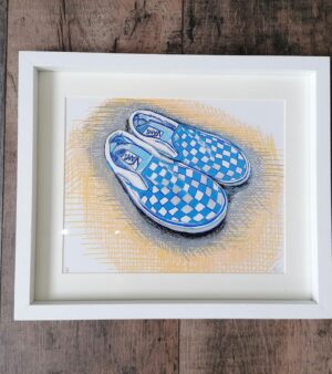 Framed And Mounted Giclee print of Blue And White Chequered Vans (32.6cm x 27.5cm)