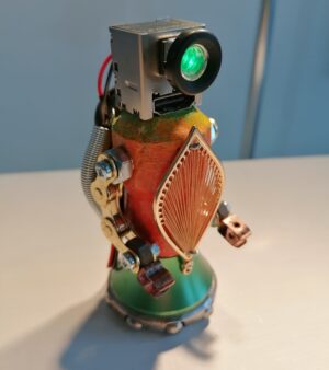 Original Light-Up Robot Sculpture - Camera Bot (Green And Orange w/ Golden Bike Chain Arms)