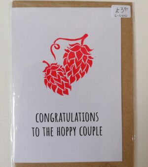 A6 Handmade Linocut Greeting Card - Red "Congratulations To The Hoppy Couple" (C-C010)