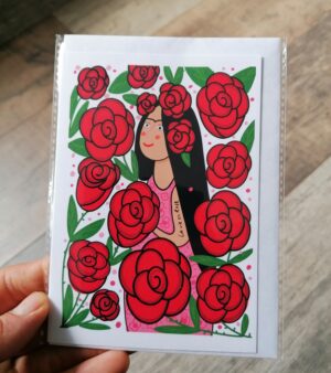 Original Greeting Card - La Vie En Rose (Frida Kahlo w/ Red Flowers) - ABB097b