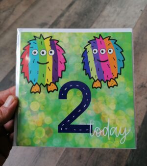 Square Greeting Card - Two Today (w/ Two Colourful Monsters)