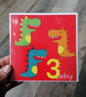 Square Greeting Card - Three Today (w/ Dinosaurs)
