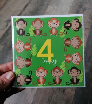 Square Greeting Card - Four Today (w/ monkeys)