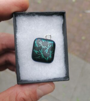 Handmade Dichroic Glass Pendant - Black w/ Green And Blue Dragonflies