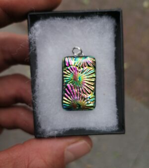 Handmade Dichroic Glass Pendant - Gold w/ Pink, Green And Blue