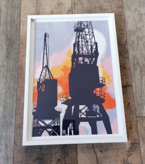 Original Framed A3 Print - Harbour Cranes (Frame Dimensions 31.5cm x 43.7cm)