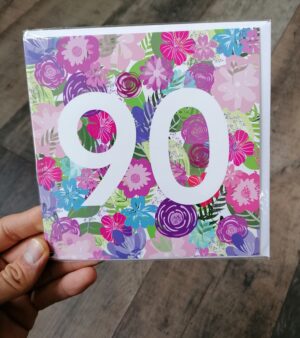 Square Greeting Card - 90th Birthday Card (Pink And Purple Floral Background)