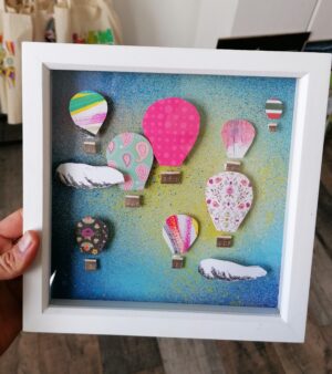 Framed Original 3D Paper Art - Flying Hot Air Balloons