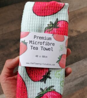 Microfibre Waffle Tea Towel - Strawberries (Light Green Colour Towel)