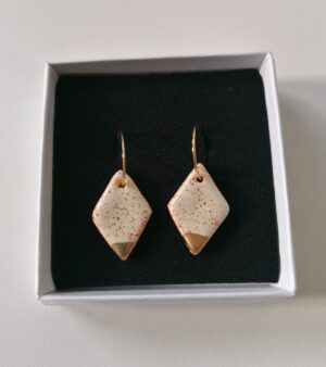 Original Handmade Coloured Porcelain Earrings with Gold - Diamond Shape with Speckled Pattern and Gold Tips
