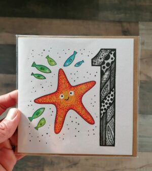 Square Greeting Card - Age 1 Starfish and Fishes Design 124.087