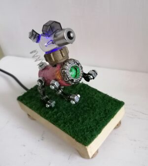 ORIGINAL 3D RECYCLED ART – USB Powered Light-Up Steampunk Space Robot Dog (Pink Spray Paint Body and 3 LED  Lights)