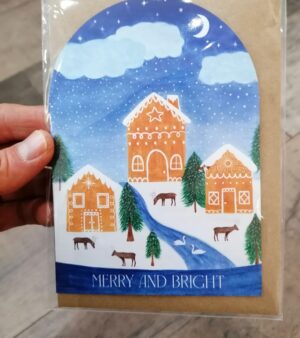 A6 Xmas Card - Merry And Bright Gingerbread Houses Snowglobe Domed Card (GC080)