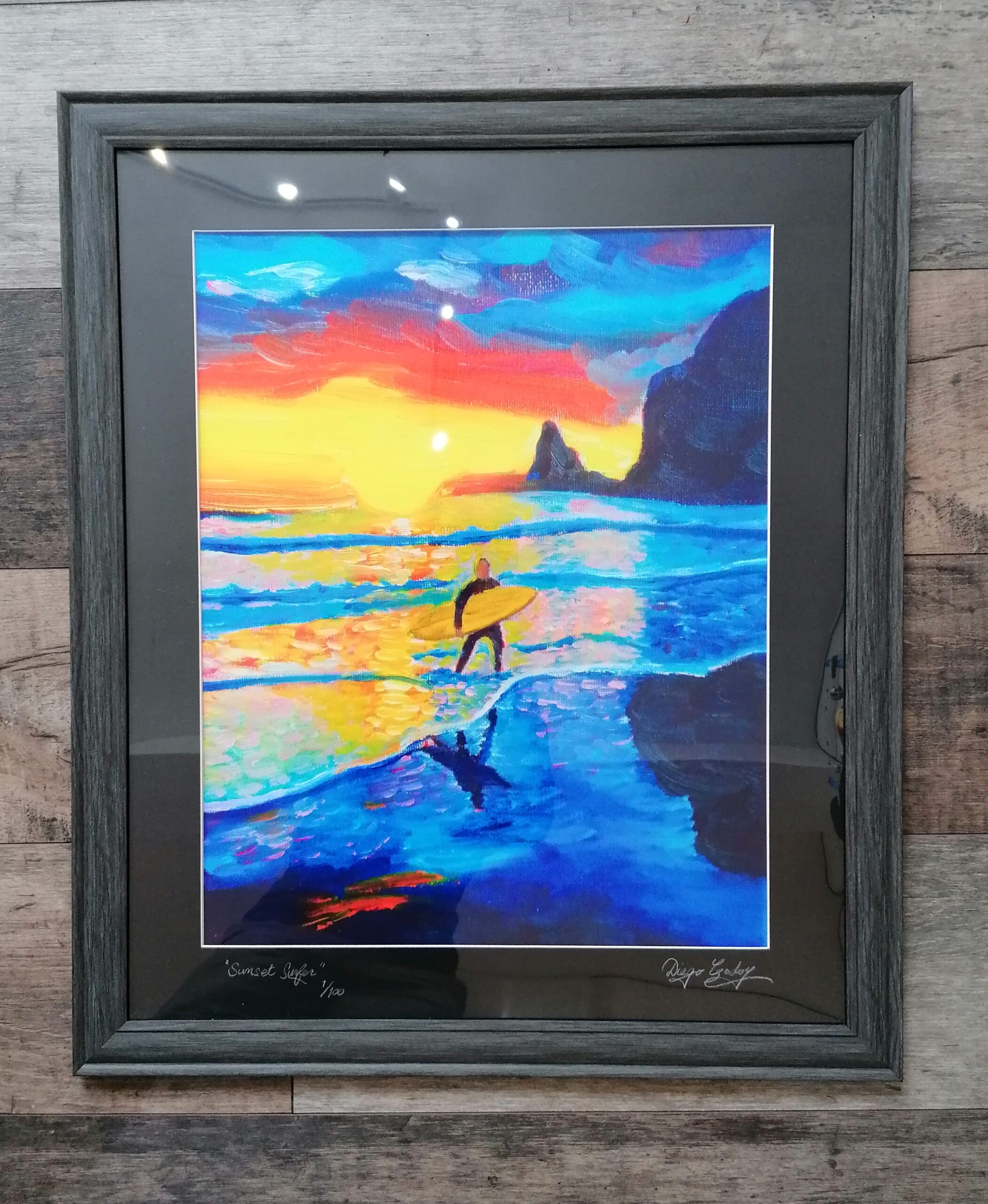 Framed Limited Edition A2 - Sunset Surfer (Dark Grey Frame 67.5cm x 57.5cm)