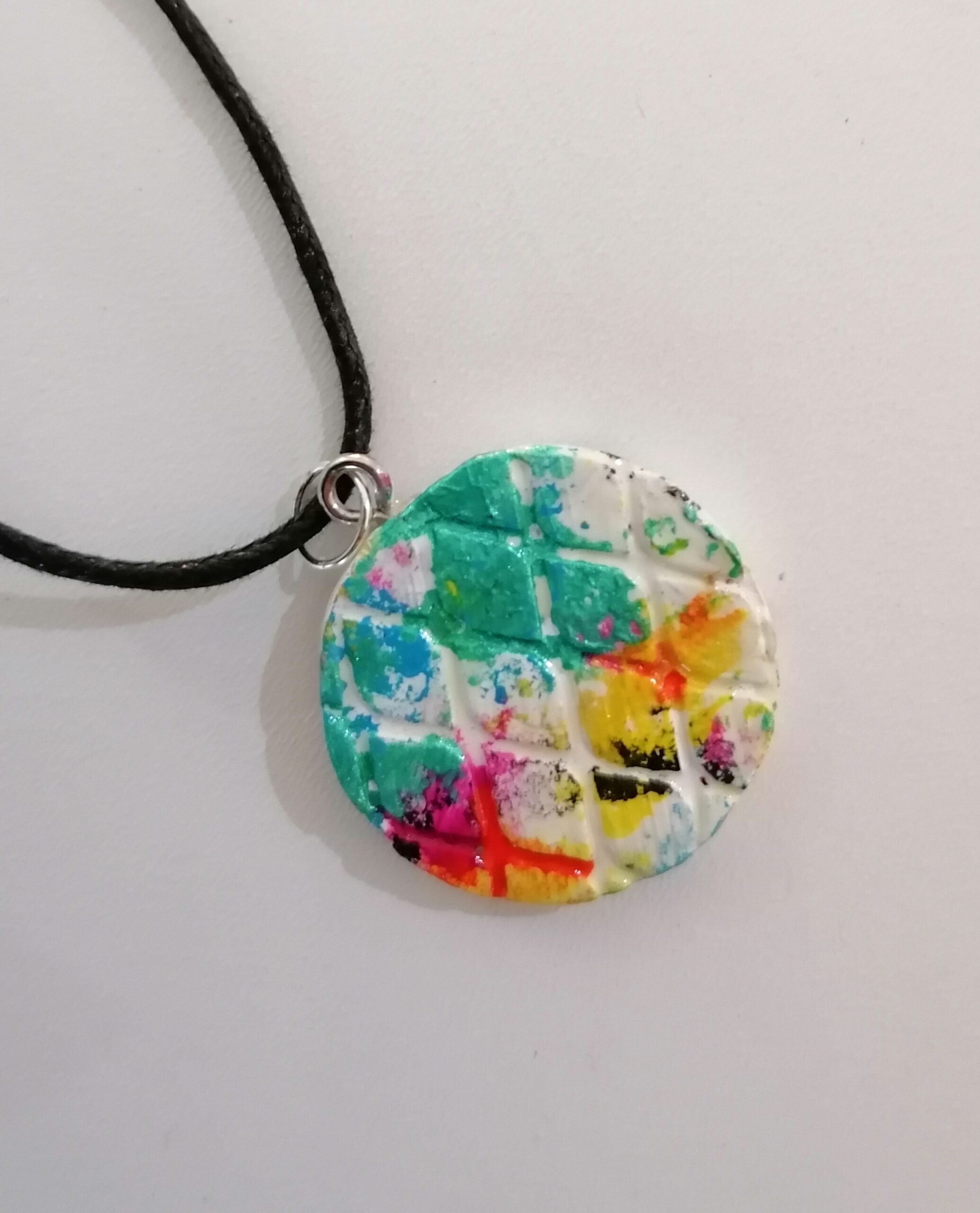 Handmade Clay Pendant - Round w/Scale Design (A mix of White, Yellow, Blue & Black ) - Image 2