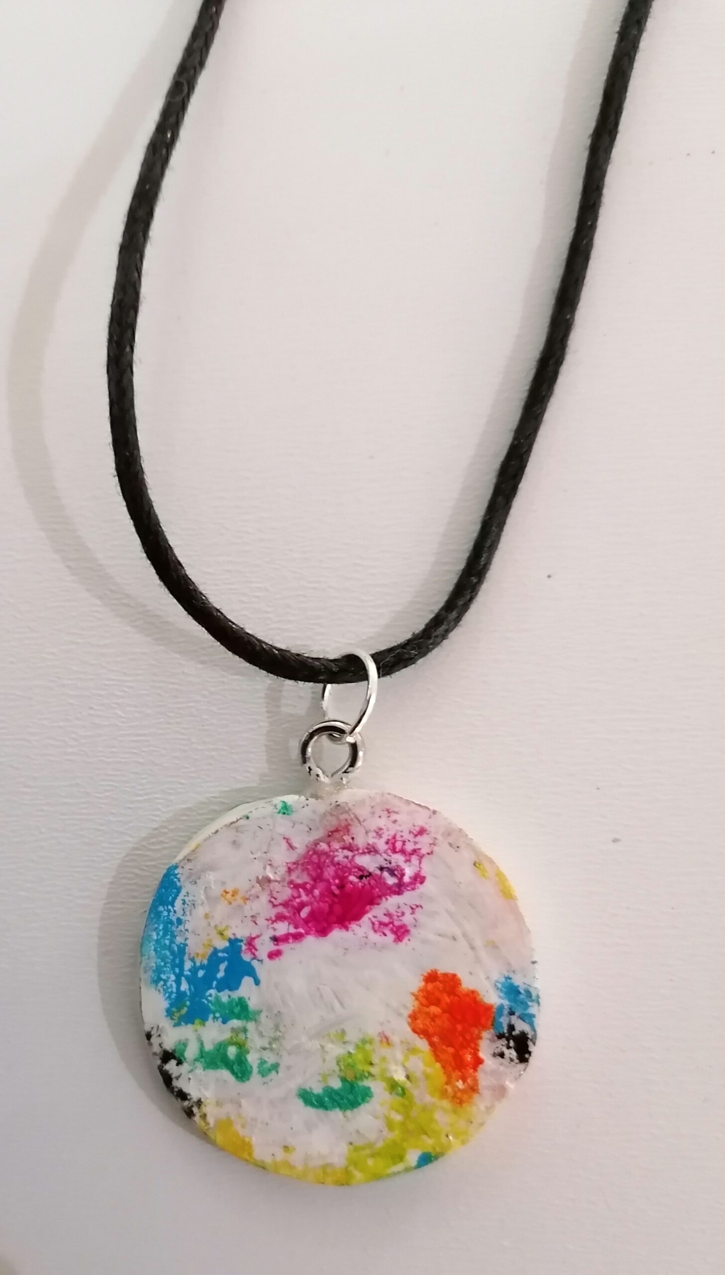 Handmade Clay Pendant - Round w/Scale Design (A mix of White, Yellow, Blue & Black ) - Image 3