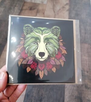 Square Greeting Card - Green Bear (With Leaves)