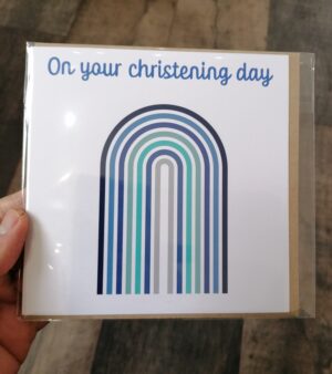 Square Greeting Card - On Your Christening Day (Blue Rainbow)