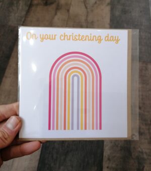 Square Greeting Card - On Your Christening Day (Pink Rainbow)
