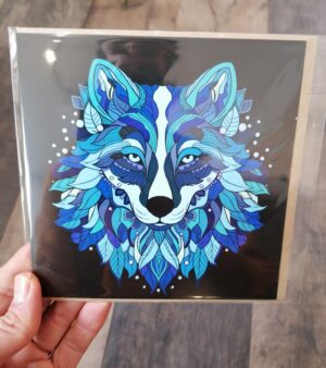 Square Greeting Card - Wolf (Blue w/Leaves)