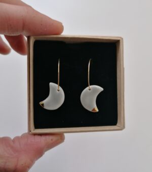 Original Handmade Gold Plated Porcelain Earrings - Crescent Shape, Light Grey Colour