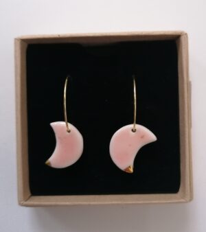 Original Handmade Gold Plated Porcelain Earrings - Crescent Shape, Light Pink Colour