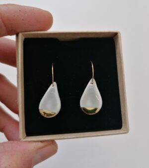 Original Handmade Coloured Porcelain Earrings with Gold - Teardrop Shape with Light Grey Colour and Gold Tips