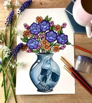 A4 Print - Skull Vase Of Flowers